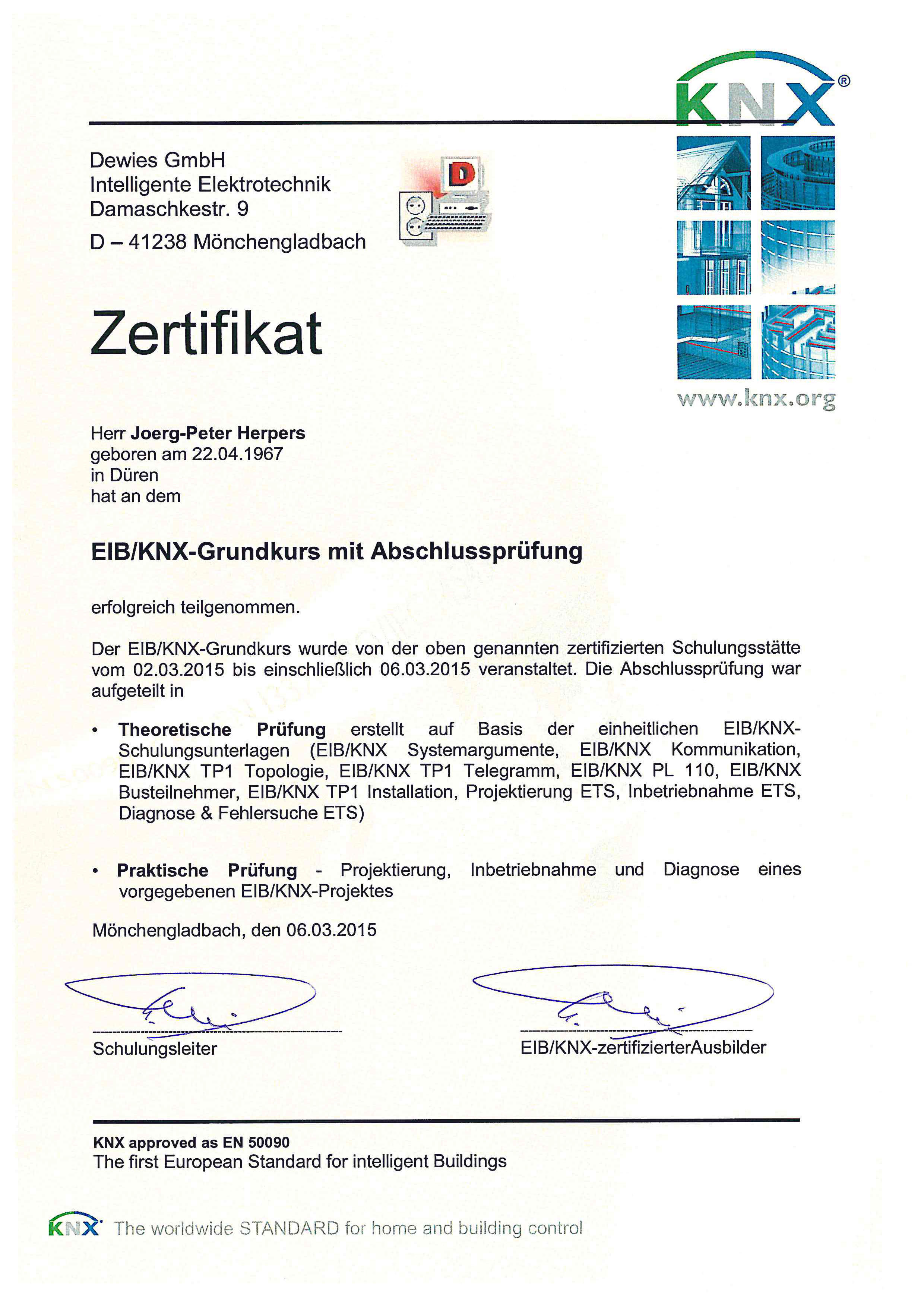 Zertifikat EIB KNX Grundkurs Joerg Herpers