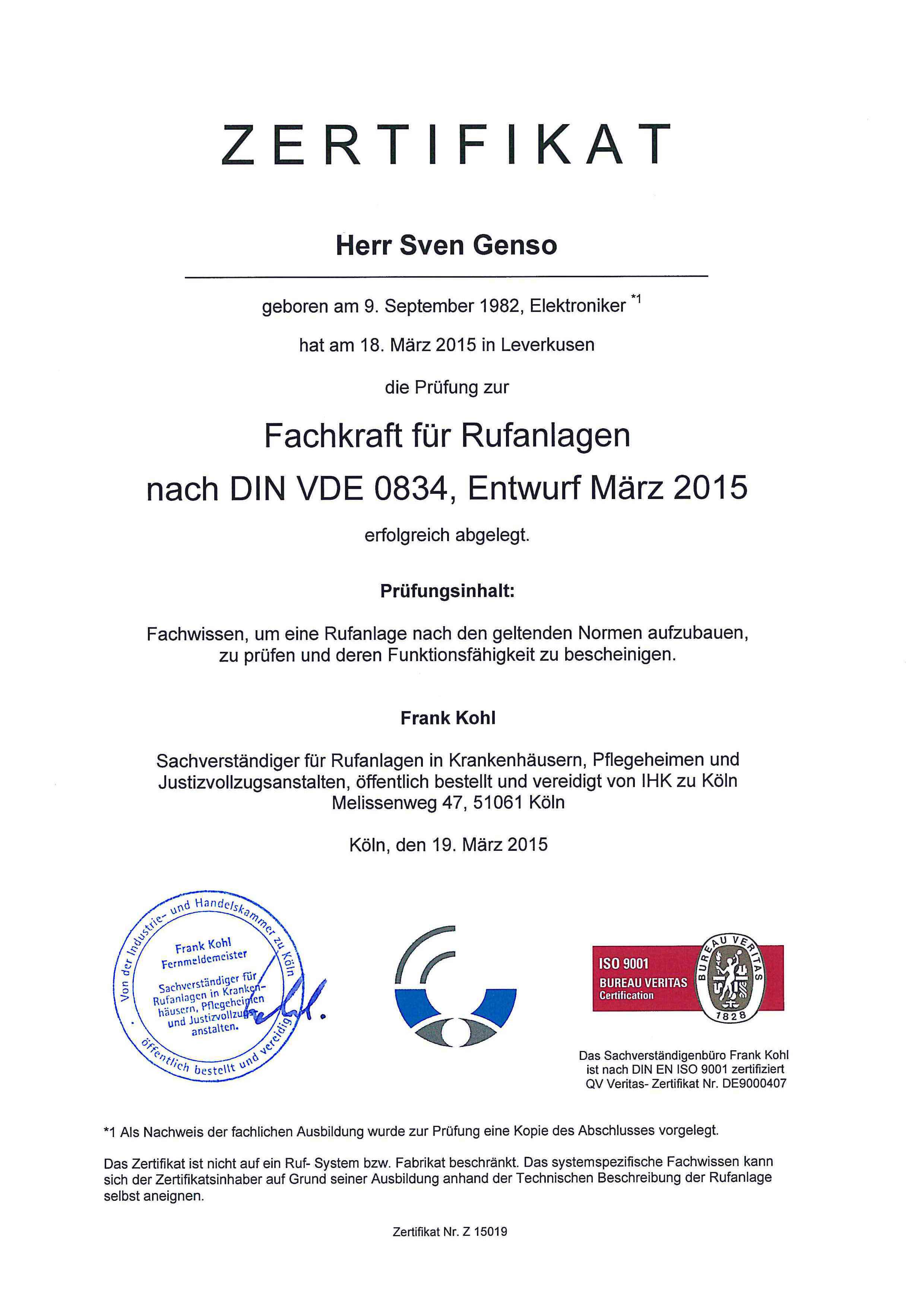 Zertifikat Fachkraft für Rufanlagen