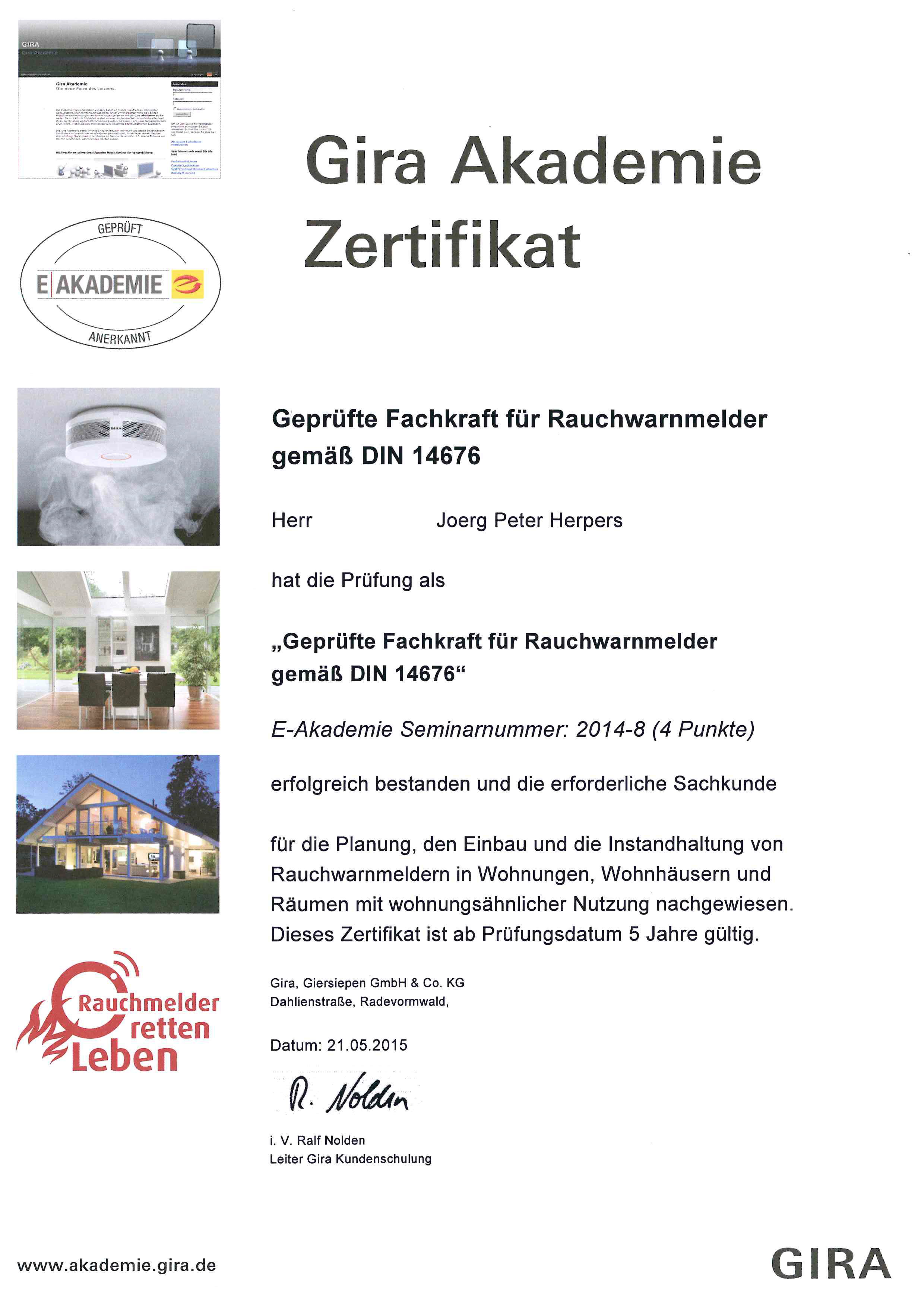 Zertifikat Fachkraft f. Rauchwarnmelder J. Herpers