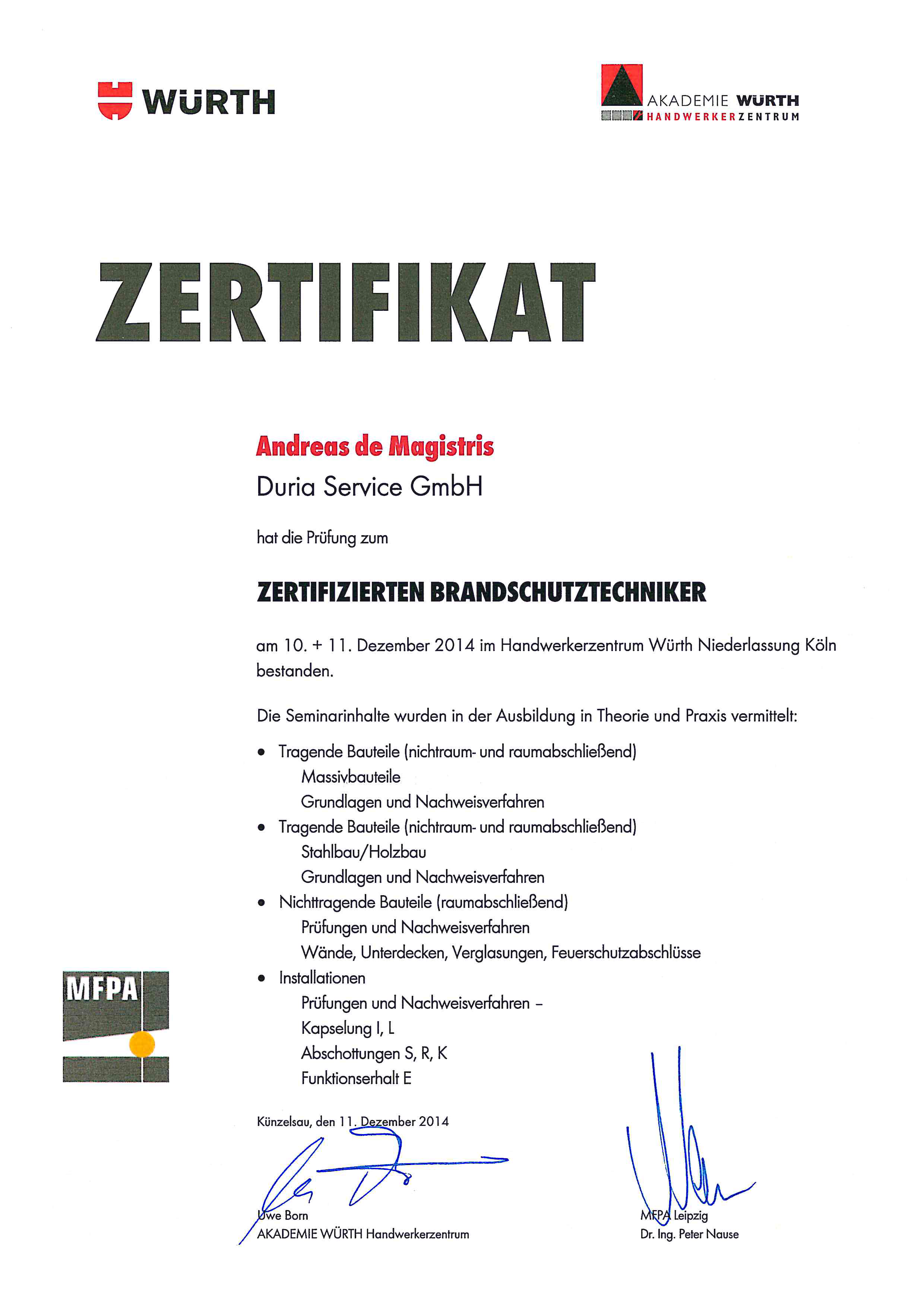 Zertifikat Würth Brandschutztechniker